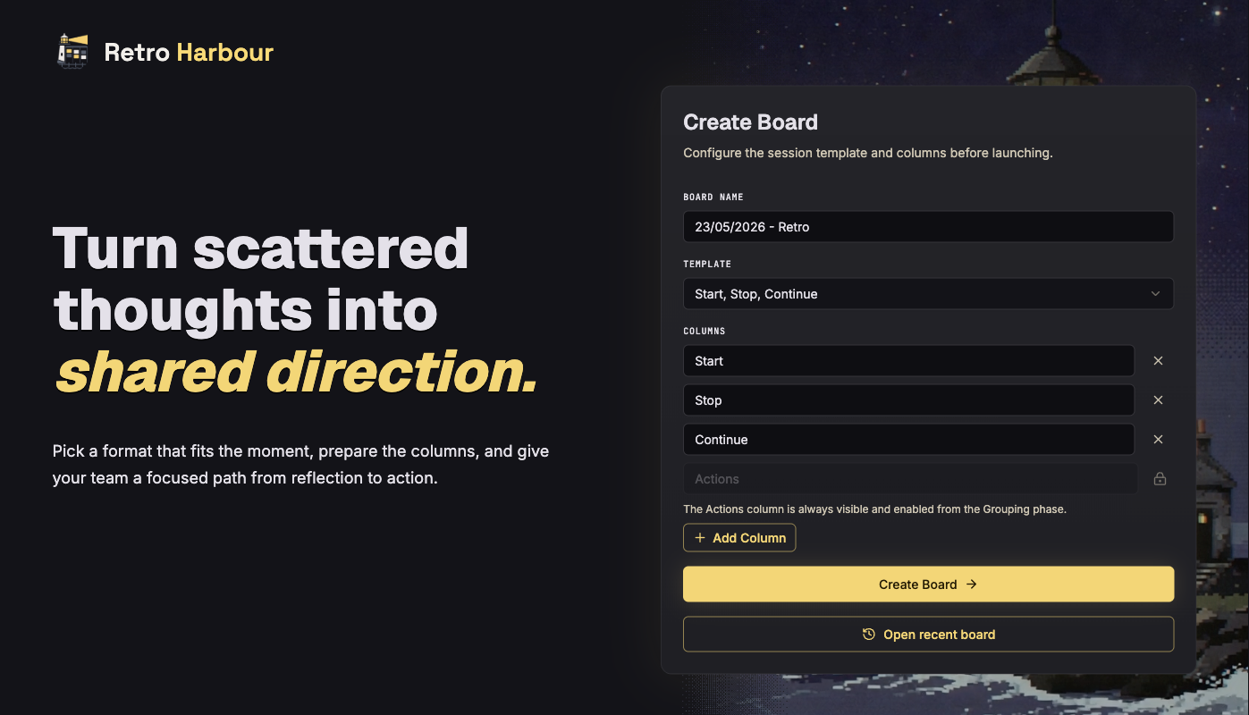 Create board screen with retrospective title and template selection