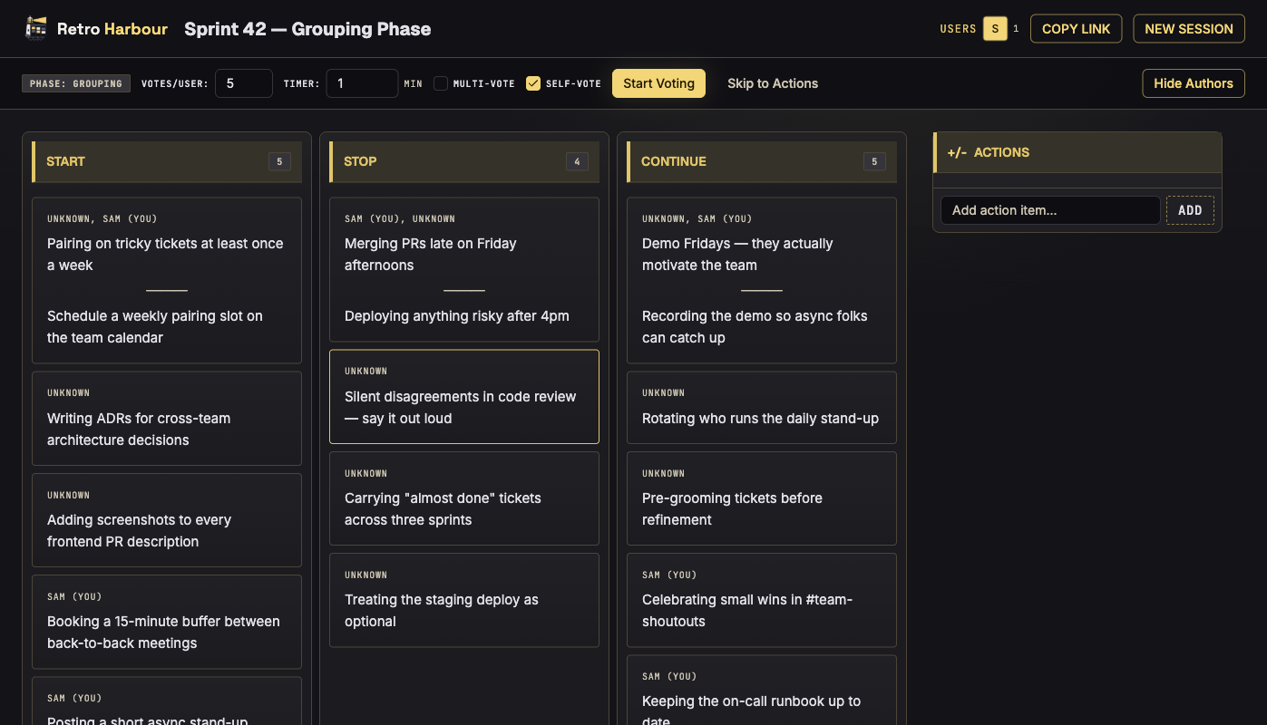 Grouping phase showing revealed cards with voting configuration